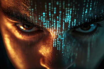 Intense Close-Up of a Person's Face Surrounded by Glowing Binary Code, Highlighting Themes of Technology, Cybersecurity, and Digital Innovation