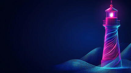 Luminous Pink and Blue Digital Lighthouse on Dark Ocean Background
