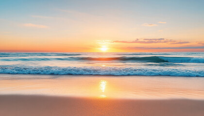 serene ocean sunset with warm golden hues reflecting on water, creating peaceful atmosphere. gentle waves lap against sandy shore, inviting tranquility