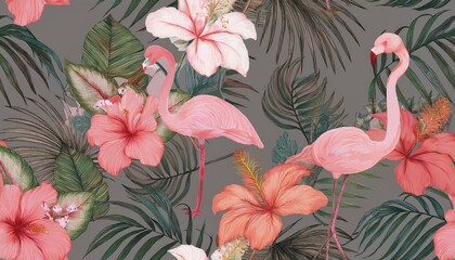 Vibrant Tropical Oasis A Retroinspired Flamingo Among Pink Hibiscus and Palm Leaves against a Seamless Grey Background Perfect for Tropicalthemed Designs or Home Decor.