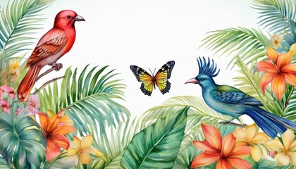 Exotic Tropical Paradise Vivid Flowers, Lush Palm Leaves, Soaring Butterfly and Birds Amidst a Stunning Plant Design, Perfect for Home Decor or Wallpapers