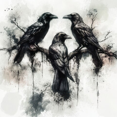 Fototapeta premium Three ravens perched on branches, surrounded by artistic, abstract background. dark birds contrast with soft, muted colors, creating mysterious and captivating atmosphere