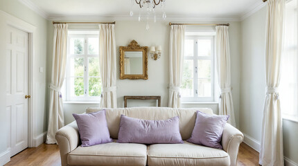 Minimalist and modern living room with a neutral color palette, soft lighting, and elegant furniture, creating a peaceful and relaxing home interior design atmosphere.