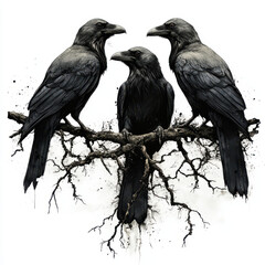 Fototapeta premium Three black ravens perched on twisted branch, showcasing intricate details and dark, moody atmosphere. artwork captures essence of nature and mystery
