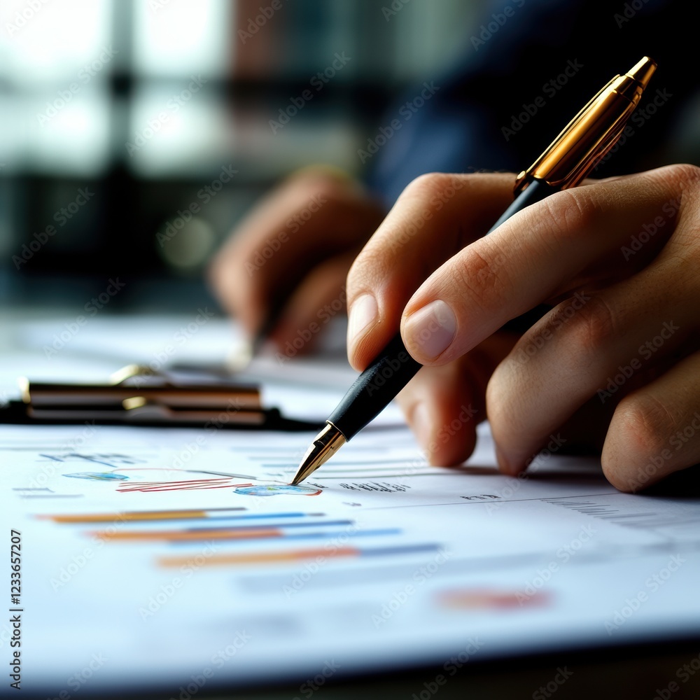 Poster professional hands analyzing financial data and graphs on paper in office environment