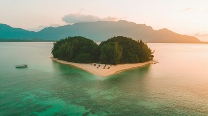 Obraz premium Heart Shaped Island Paradise Tropical Beach Ocean Sunset Aerial View