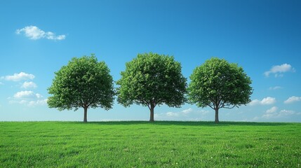 Fototapeta premium Three trees on green field, sunny day, blue sky, nature serenity, landscape wallpaper