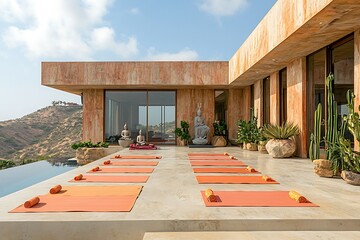 Peaceful mountain retreat with yoga mats laid out under the clear blue sky promoting holistic wellness