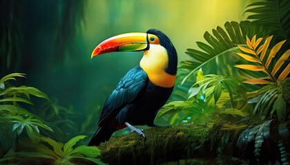 Naklejka premium Vibrant Toucan Amongst Lush Tropical Flora and Fauna An Exotic Bird Encounter Amidst a Breathtaking Rainforest Backdrop