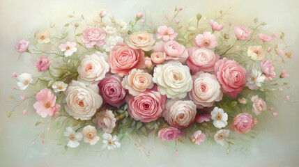 Beautiful arrangement of pink and white roses with delicate flowers, creating serene and romantic atmosphere. soft colors and gentle composition evoke feelings of tranquility and love