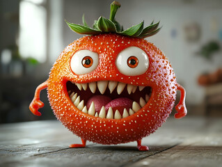 3D Illustration Angry Tomato Monster Teeth Tongue Orange Red
