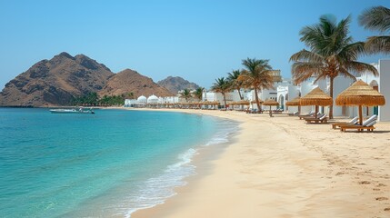 Tropical beach resort, turquoise water, mountains, palm trees, relaxation. Ideal for travel brochures