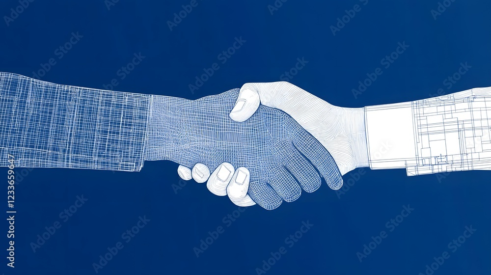 Poster handshake over digital blueprint symbolizing futuristic property deal structuring