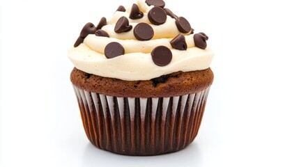 A chocolate chip muffin styled like a cupcake, with frosting and decorations, creative design, isolated on white background