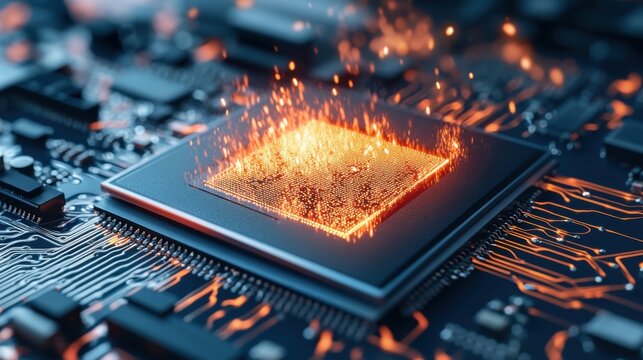Dynamic Computer Chip with Glowing Fire and Spark Effects on a Circuit Board Surface Visualization