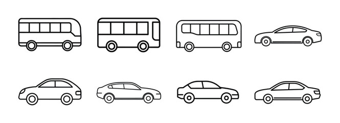 Bus and car icon set line art vector illustration. Vehicle line icons