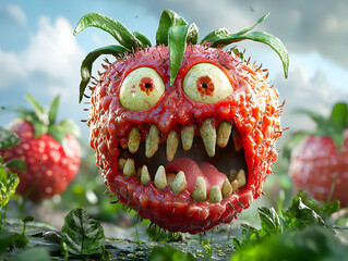3D Illustration - Monster Strawberry in a Field