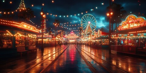 Obraz premium Enchanted Night at the Fairgrounds: A Dazzling Display of Lights and Festive Ambiance