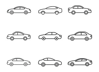 Car line art icon set. Car icon set in linear style. Transport symbol. Vector illustration.