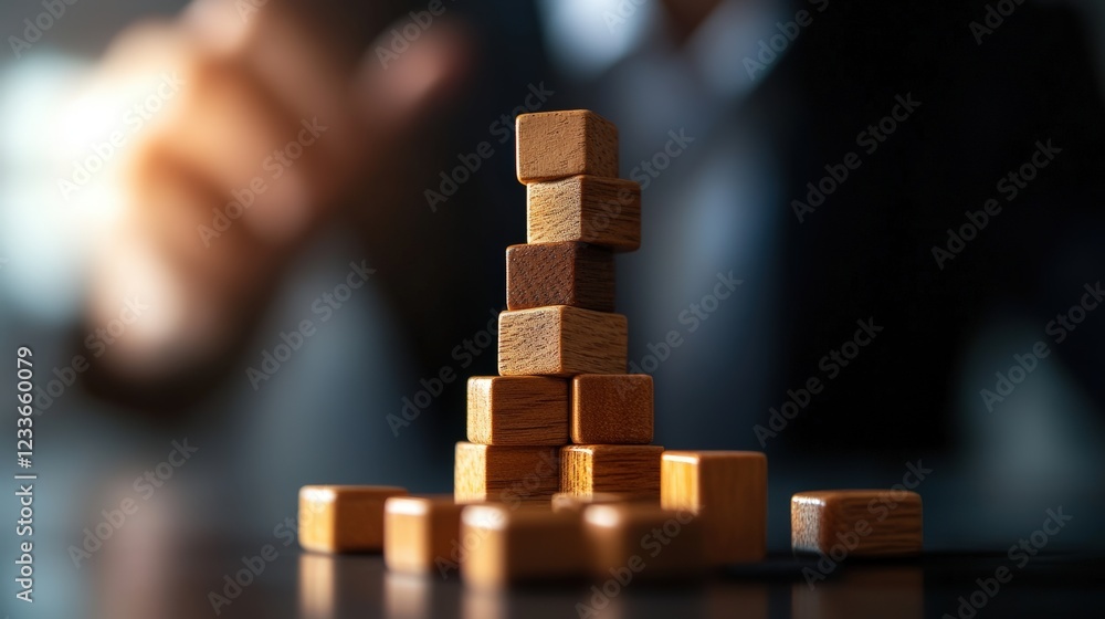 Poster Stacked Wooden Blocks in an Office Setting Representing Strategy and Balance During a Mind Game