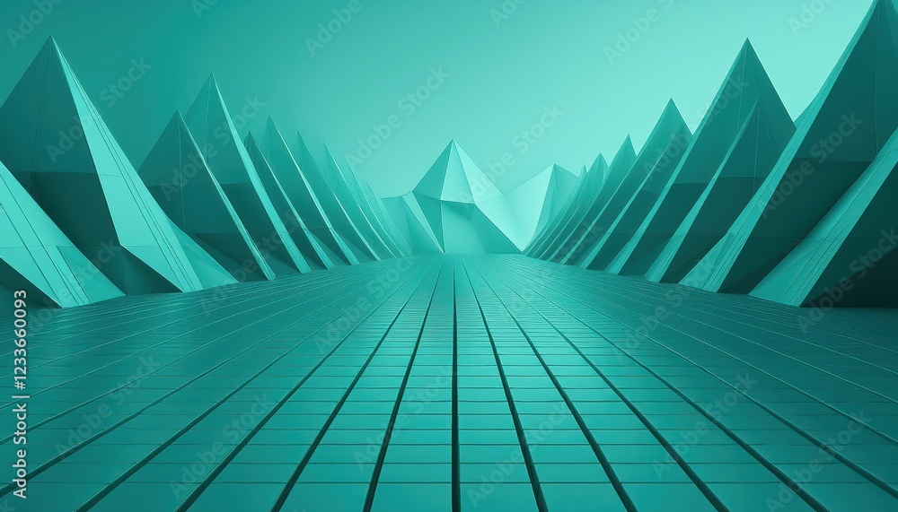 Poster striking turquoise 3d topography of triangular pyramids in a futuristic atmosphere a vibrant and atm