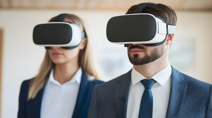 Business Professionals Analyzing Real-Time Market Insights on Immersive VR Interface
