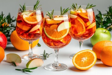 Fototapeta premium Refreshing fruit cocktails styled with rosemary and vibrant citrus slices.