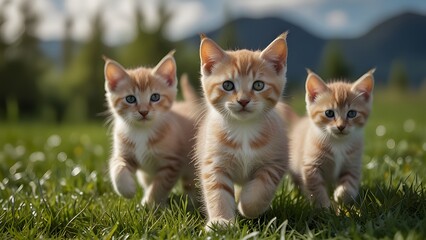 Cute kittens walking on green grass blue sky