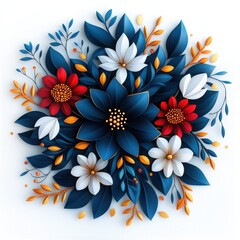 Fototapeta premium Colorful floral design with vibrant flowers and leaves, white isolate background.
