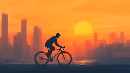 Obraz premium Silhouetted Cyclist Navigating Urban Cityscape at Sunrise