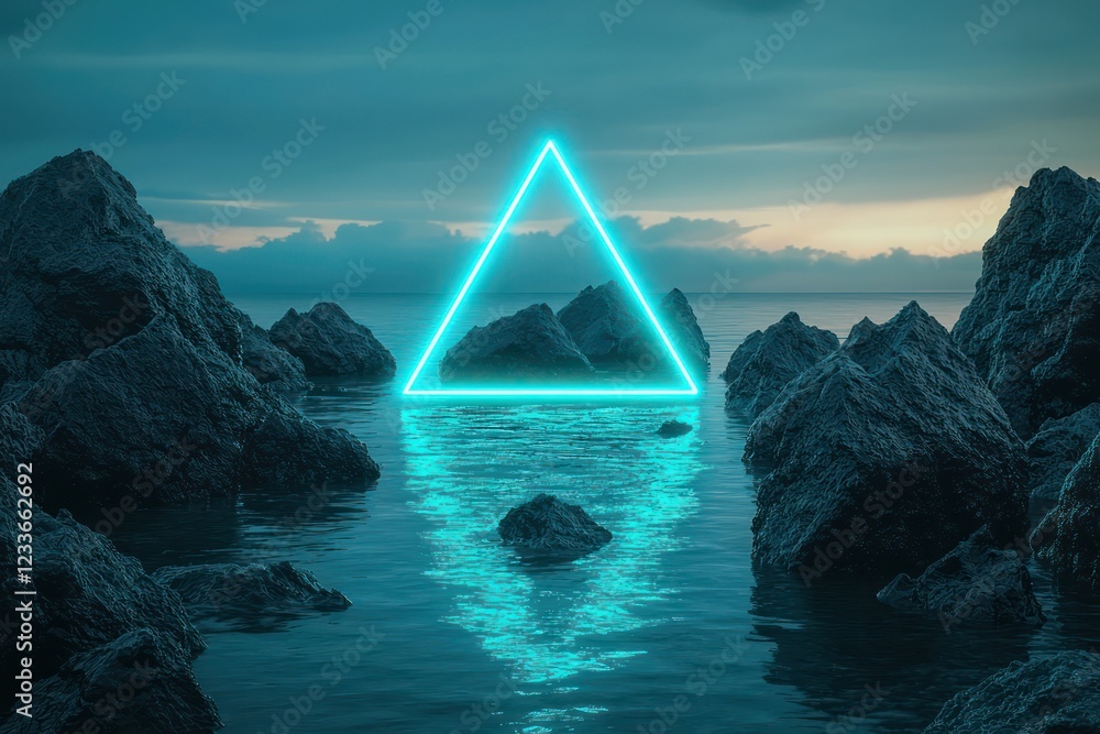 Poster cyan neon frame highlights a triangular blank podium positioned over jagged black rocks with calm su