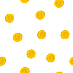Money, finance seamless pattern. Cute hand drawn doodle market, earning, deposit, currency, payment repeatable background with flying golden coins. Financial business illustration