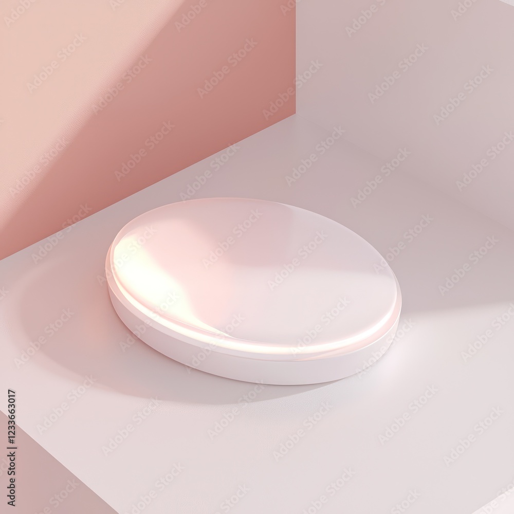 Poster an oval badge mockup floats elegantly on a matte surface under soft lighting, surrounded by a gentle
