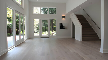 Obraz premium Modern home interior, bright airy living room, hardwood floors, garden view, real estate listing