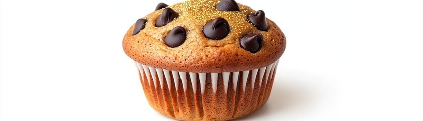 A chocolate chip muffin with golden sparkles, magical enchanted aesthetic, isolated on white background