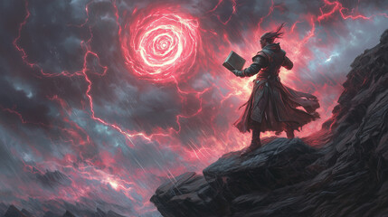 Fototapeta premium A lone warlock standing atop a blackened cliff