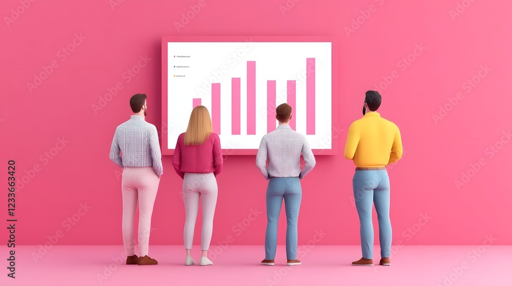 Poster strategy planning session,team analyzing growth data on large digital screen in 3d