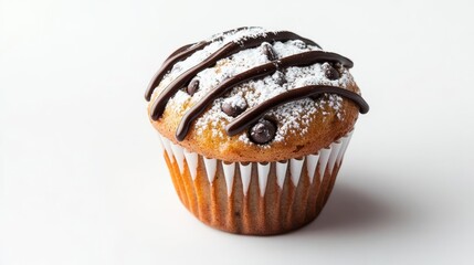 A chocolate chip muffin with powdered sugar and chocolate drizzle, elegant bakery style, isolated on white background