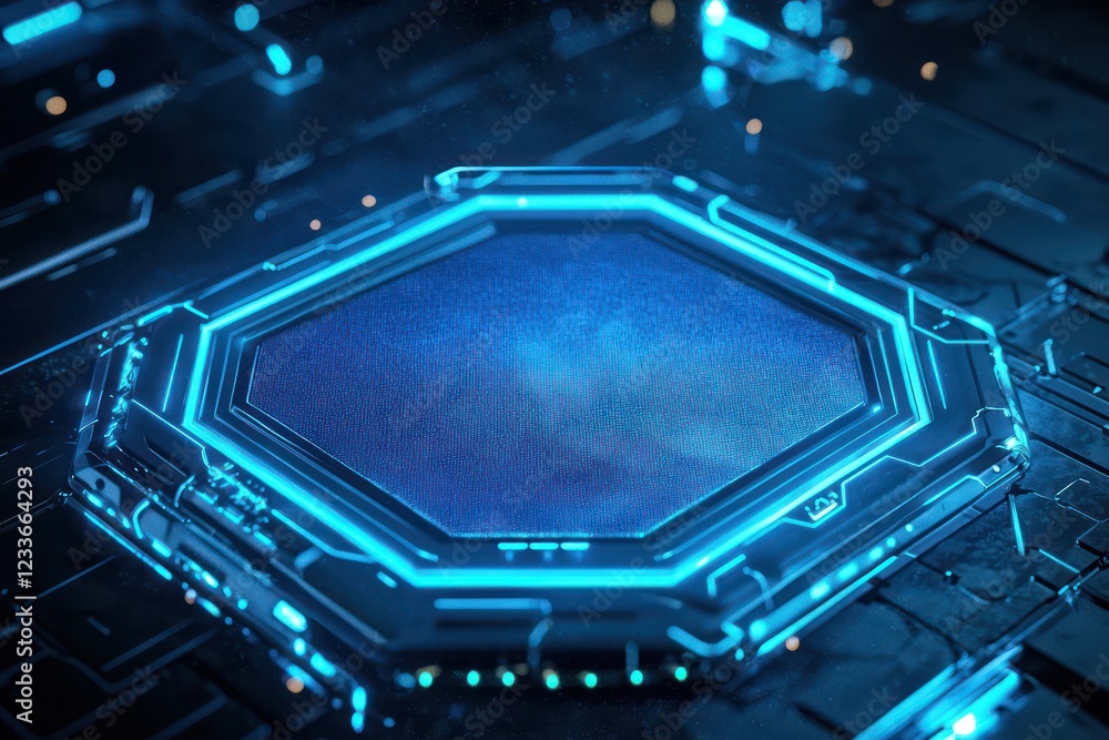 Poster bold glowing edges on a hexagonal neon blue frame accentuate a 3d-rendered fabric badge mockup in a 