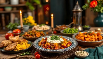 Fototapeta premium Delicious Middle Eastern Feast with Roasted Vegetables and Chickpeas