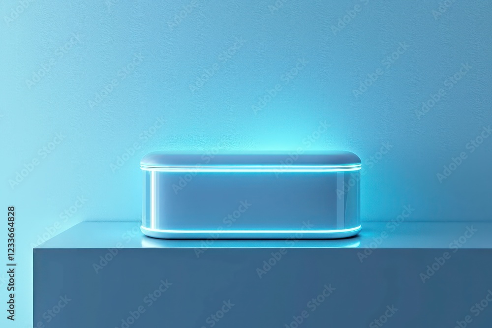 Aufkleber multi-layer glowing neon blue edges on a dynamic rectangular podium enclose a 3d patch mockup in a p