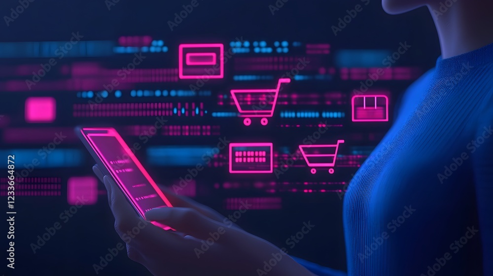 Poster futuristic e-commerce platform with dynamic digital shopping interface
