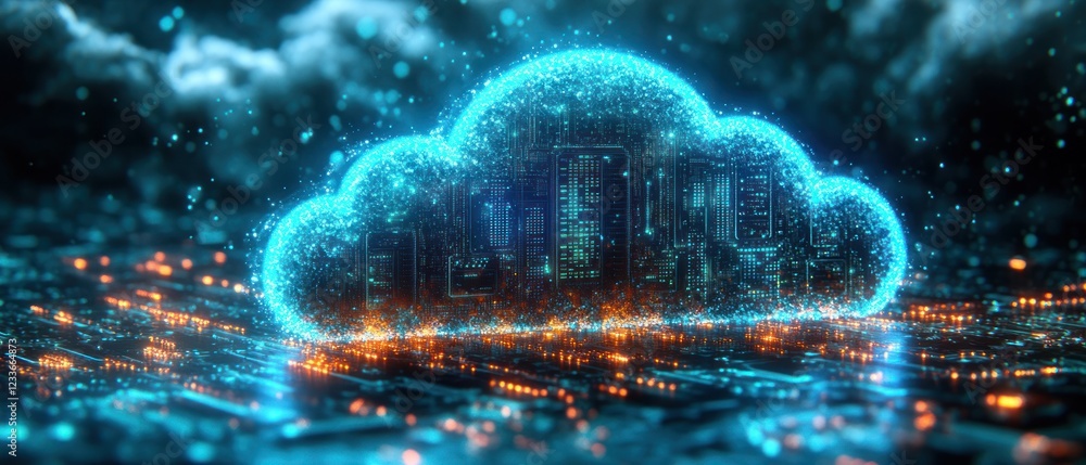 Poster digital cloud computing with glowing data streams