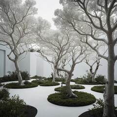 A dreamlike modern garden where unique tree species thrive in a surreal white space.