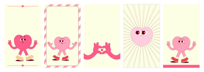Vertical stories template heart character. Happy Valentines day, 14 February and other love themes. Retro groovy style. Vector set with copy space