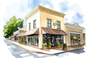 Charming storefronts in a vibrant urban setting with greenery.