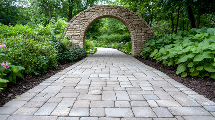 Fototapeta premium Stone arch garden path leading to tranquil woods