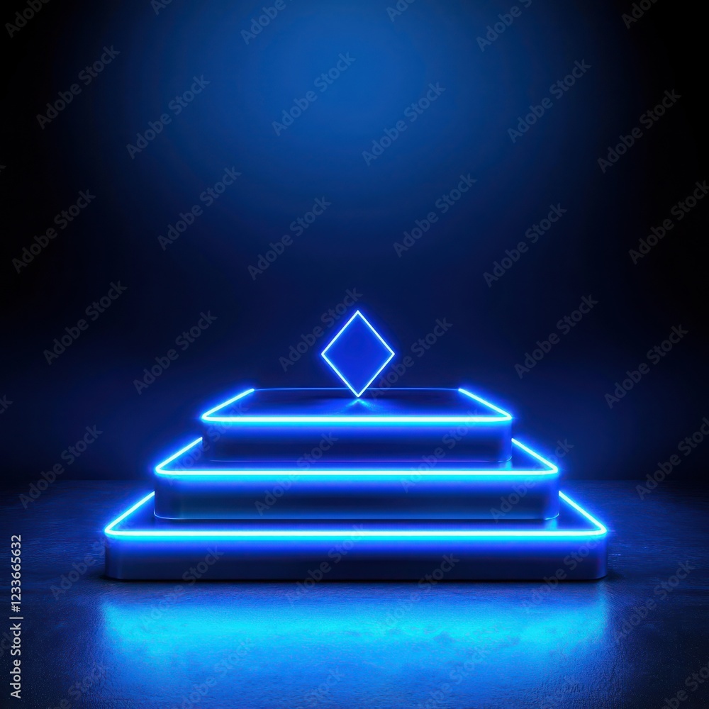 Poster futuristic setting for a minimalist badge mockup on a split triangular neon blue podium with glowing