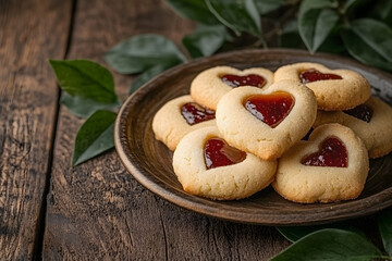 Delicious heart shaped cookies with jam filling on wooden plate