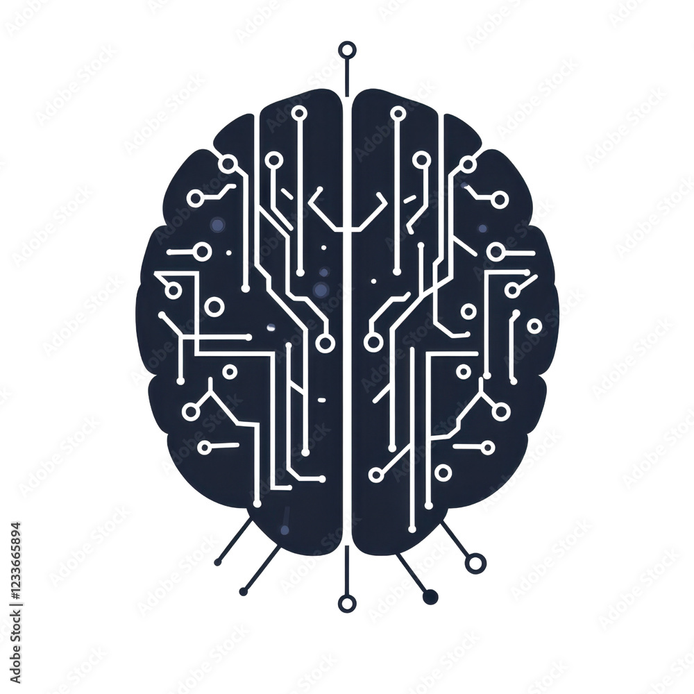 Poster artistic representation of a brain with circuit patterns and lights